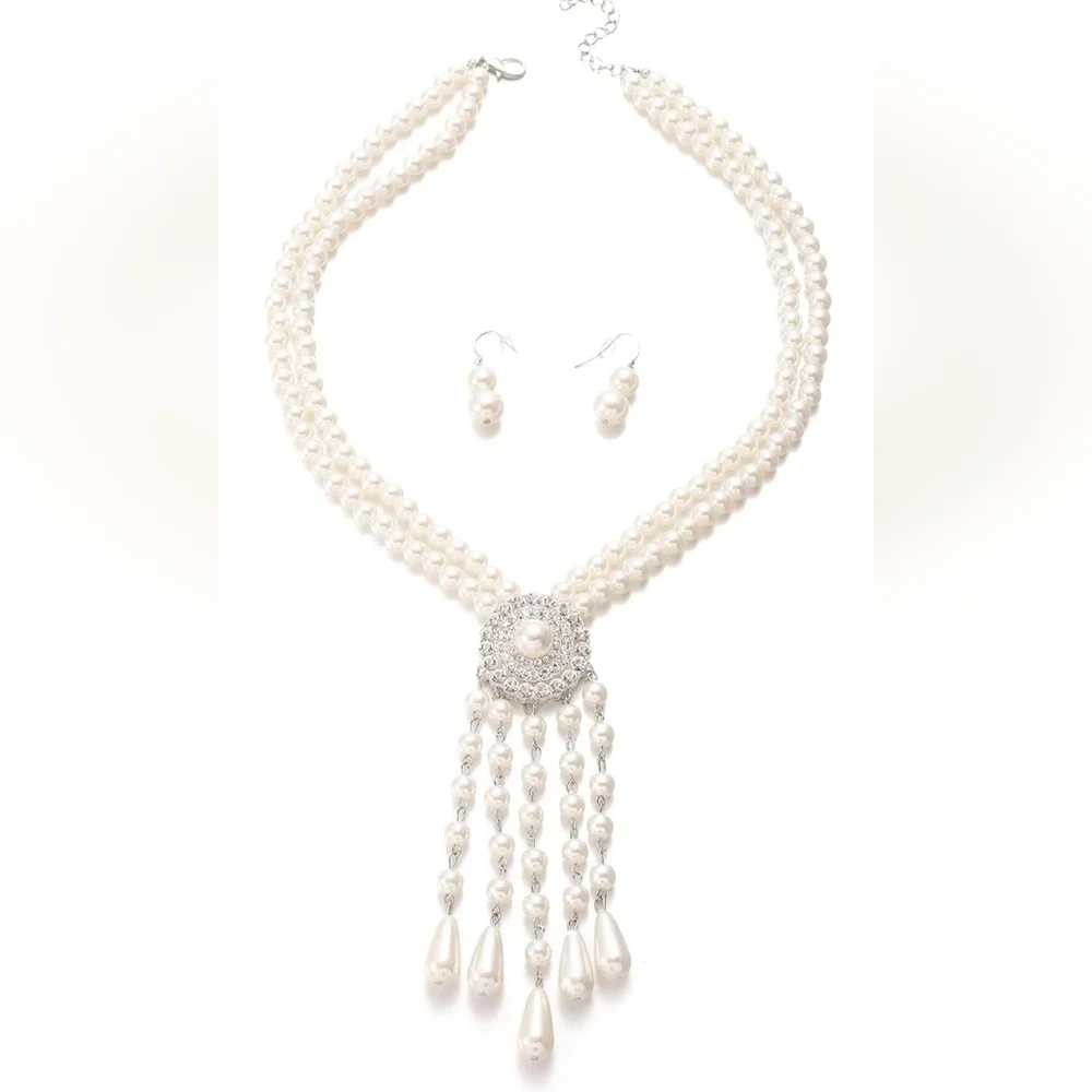 NWT Pearl Crystal Tassel Art Deco Silver Necklace & Earrings Set